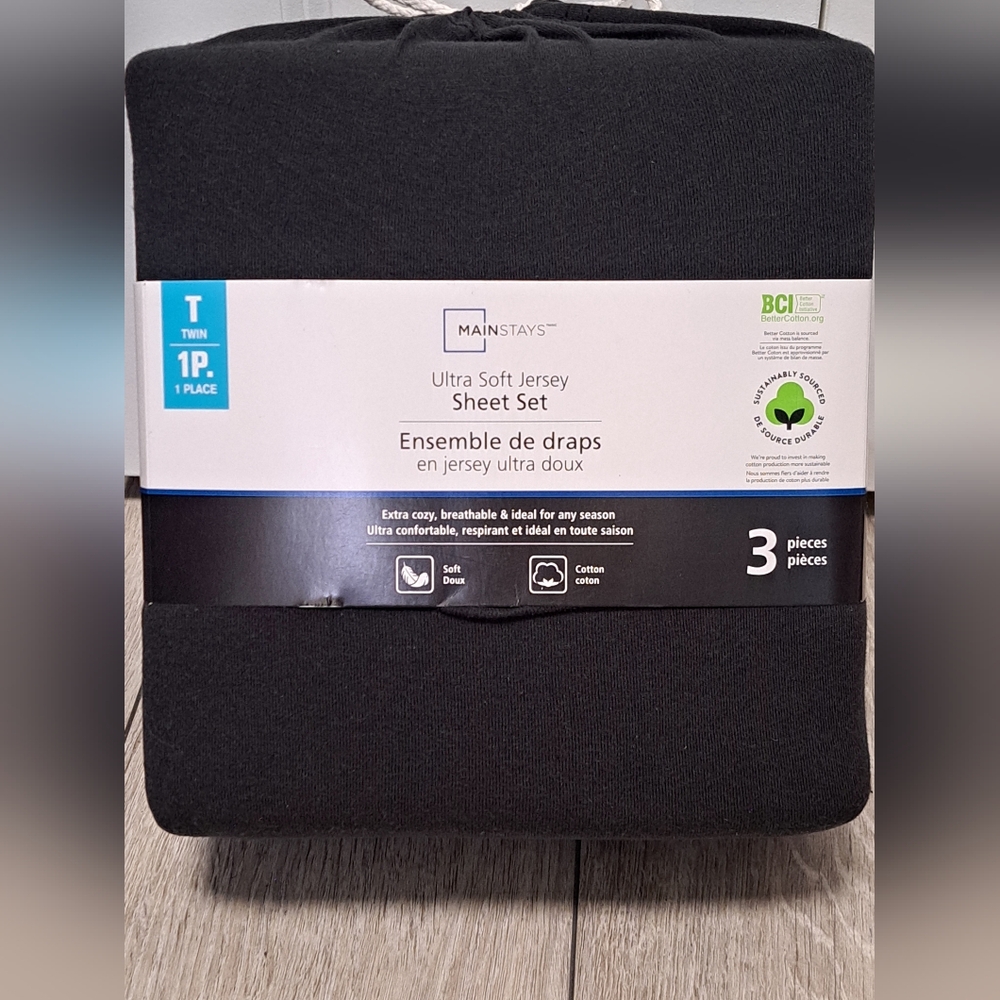 New Mainstays 3pc Ultra Soft Jersey Twin Size Sheet Set in Black